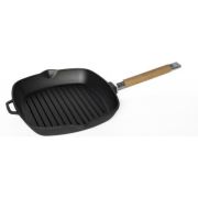 Чугун (Россия) Сковорода-гриль 26*26 см. h=4,5 см. 1,7 л. чугун. рифлен. со съемн дерев. ручкой /1/8/